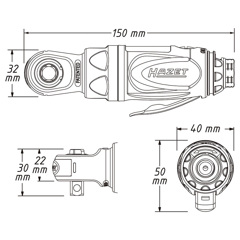 HAZET(ハゼット) ミニエアラチェットレンチ 9021P-2|ショートデザイン、300rpm、低振動、10mm(3/8インチ)角ドライブ  電動工具